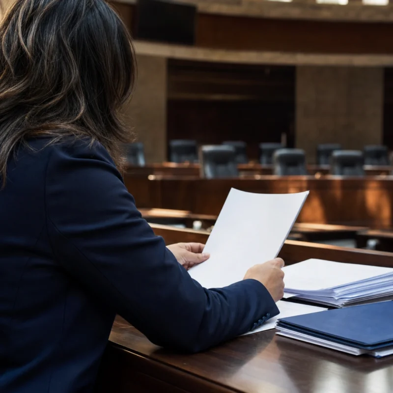 Profesional revisa un informe en un salón legislativo genérico.