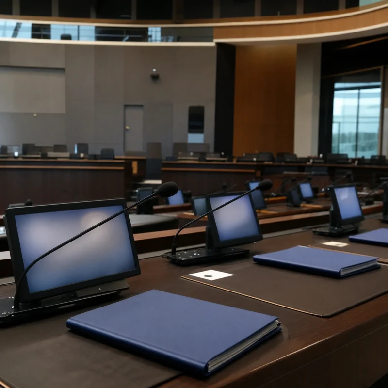 Sala legislativa preparada para una sesión virtual de la Asamblea Nacional