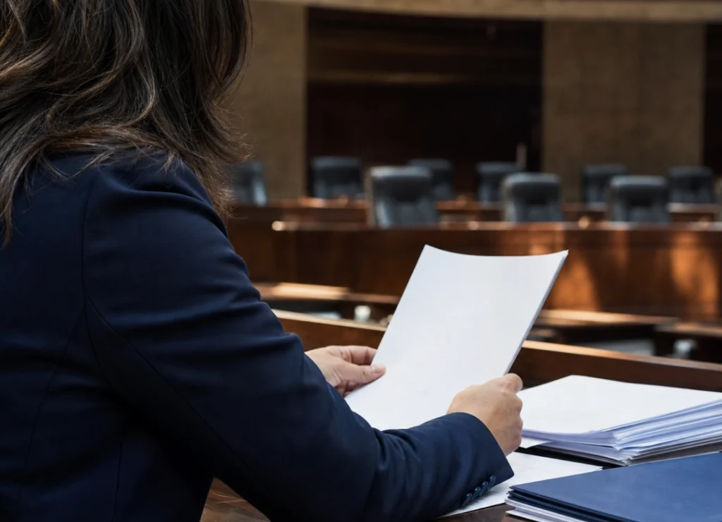 Profesional revisa un informe en un salón legislativo genérico.